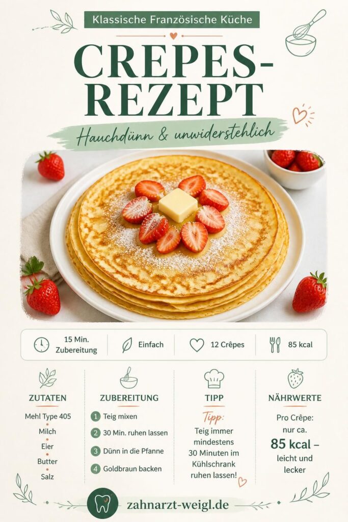 Crêpes-Rezept Pin: hauchdünne Crêpes mit Erdbeeren und Puderzucker