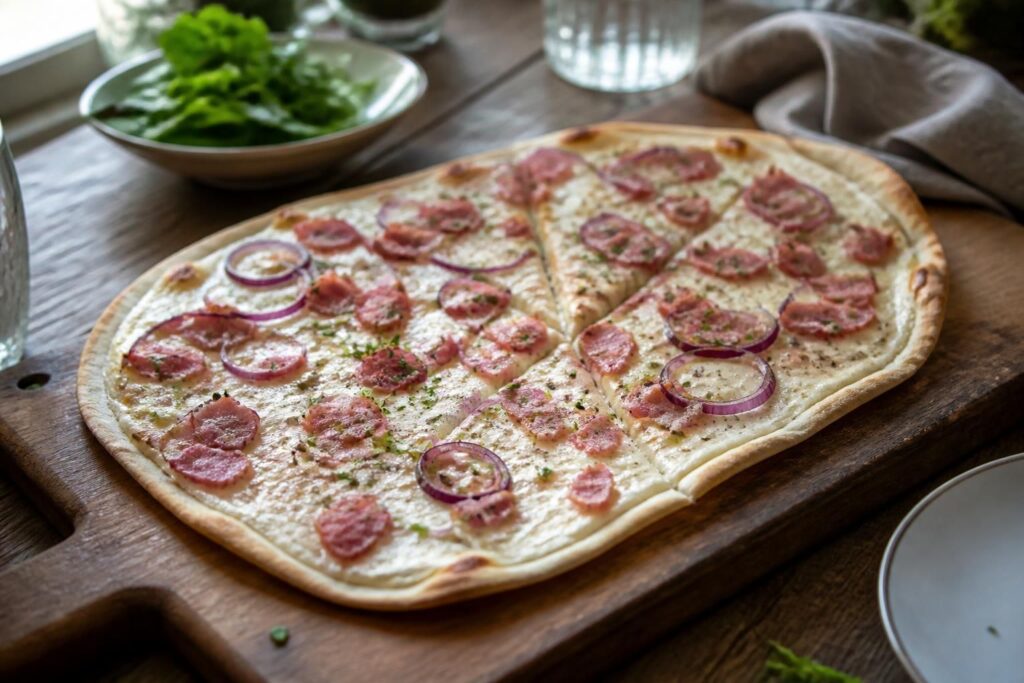 Klassischer Elsässer Flammkuchen mit Crème fraîche, Speckwürfeln und Zwiebelringen auf einem Holzbrett, frisch aus dem Ofen