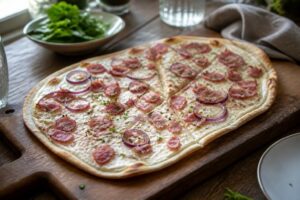 Klassischer Elsässer Flammkuchen mit Crème fraîche, Speckwürfeln und Zwiebelringen auf einem Holzbrett, frisch aus dem Ofen