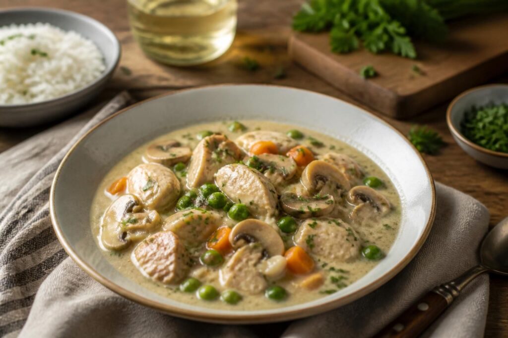Klassisches Hühnerfrikassee mit cremiger Sahnesoße, Erbsen, Möhren und Champignons, serviert über Reis in einem weißen Suppenteller