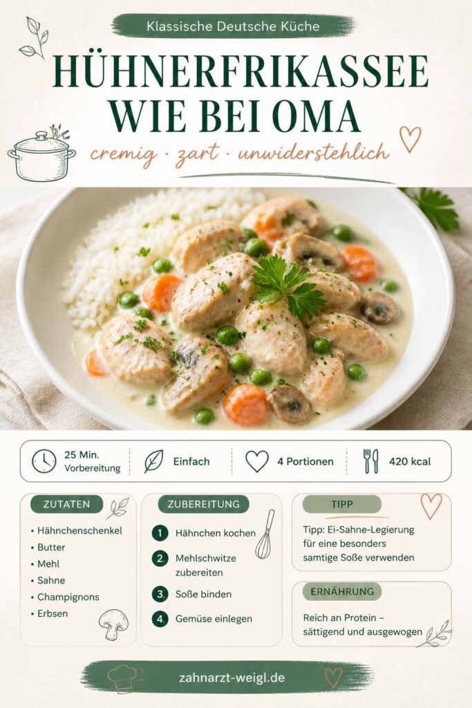 Hühnerfrikassee klassisch mit cremiger Sahnesoße, Erbsen, Möhren und Champignons auf Reis