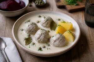 Königsberger Klopse mit cremiger Kapernsauce, Salzkartoffeln und Roter Bete auf einem weißen Teller – klassisches ostpreußisches Rezept