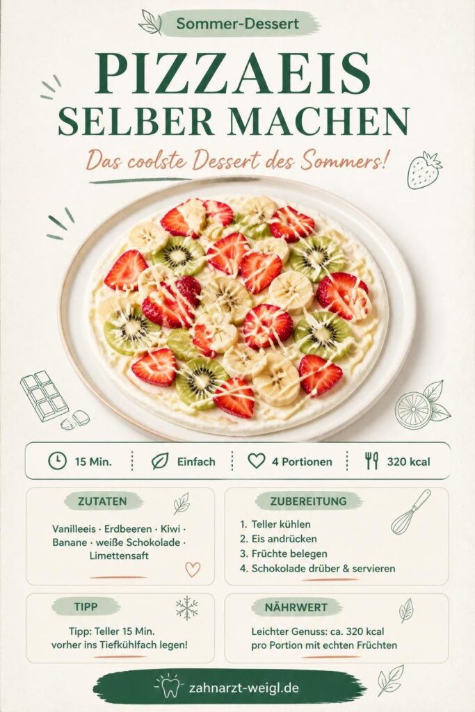 Pizzaeis selber machen: Vanilleeis-Boden mit Erdbeeren, Kiwi, Banane und weißer Schokolade auf einem gekühlten Teller