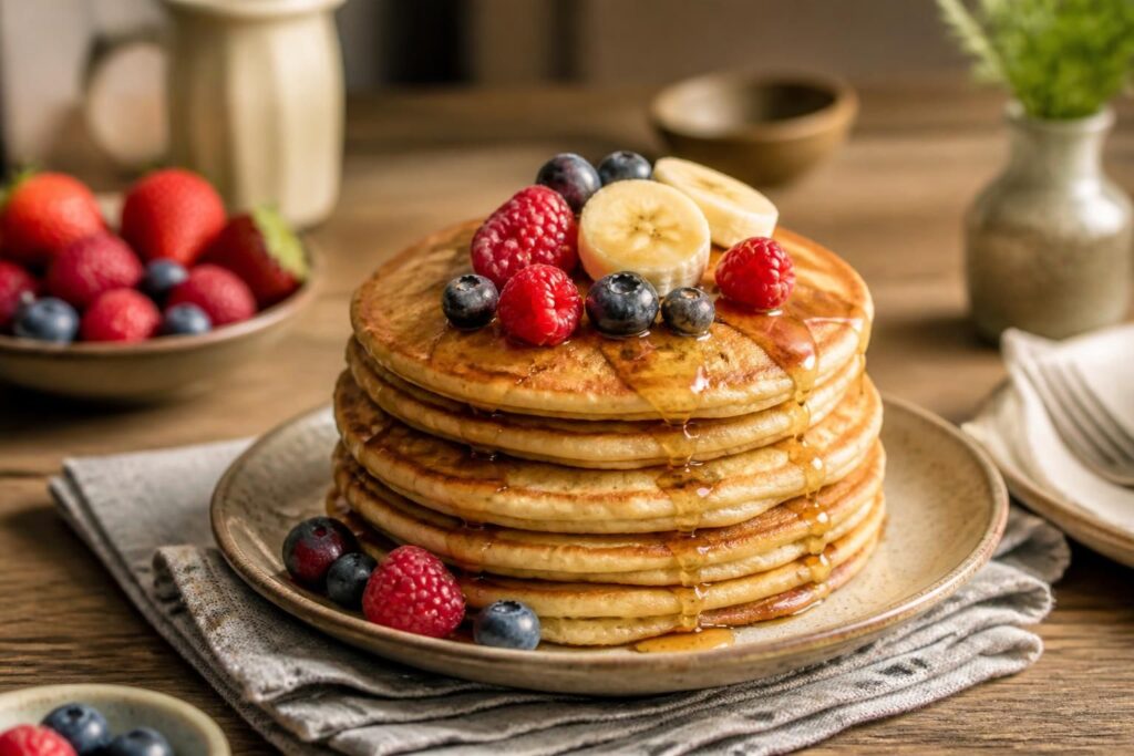 Stapel fluffiger American Pancakes mit Ahornsirup und frischen Beeren auf einem weißen Teller, Draufsicht