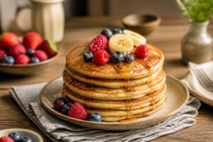 Stapel fluffiger American Pancakes mit Ahornsirup und frischen Beeren auf einem weißen Teller, Draufsicht