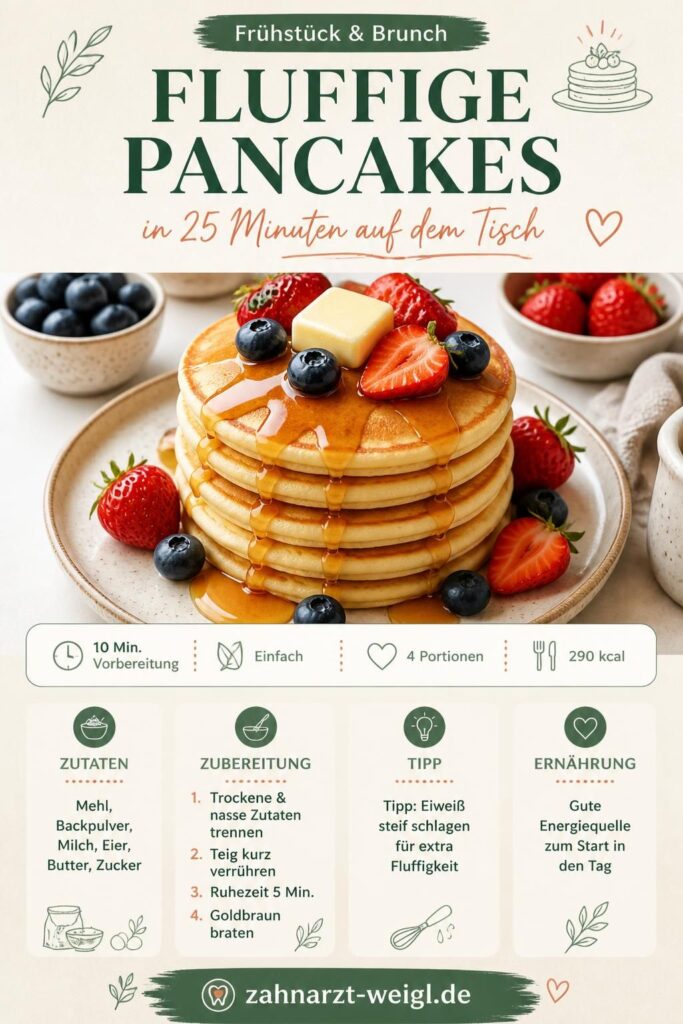 Stapel fluffiger Pancakes mit Ahornsirup und Beeren – Rezept auf zahnarzt-weigl.de
