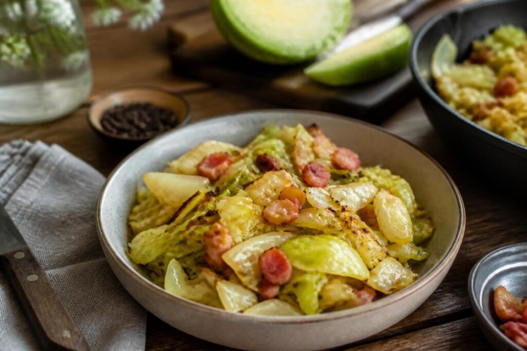 Gebratener Spitzkohl in der Pfanne mit Schinkenwürfeln und frischen Kräutern, serviert als Beilage auf einem rustikalen Holztisch