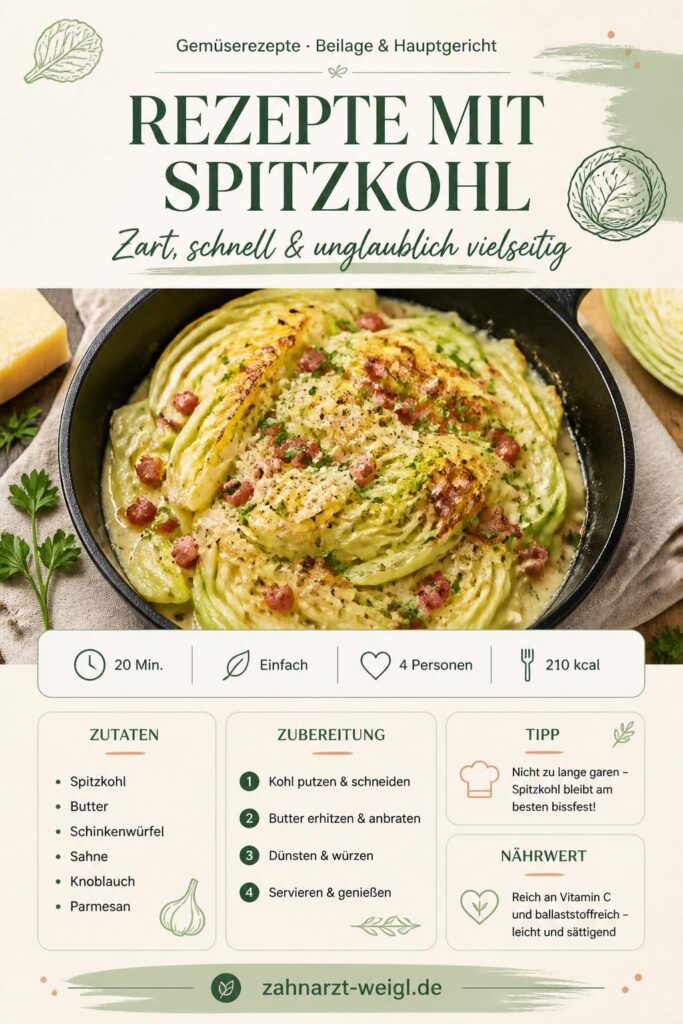 Spitzkohlgemüse aus der Pfanne mit Schinkenwürfeln und Parmesan – Pinterest-Rezeptkarte