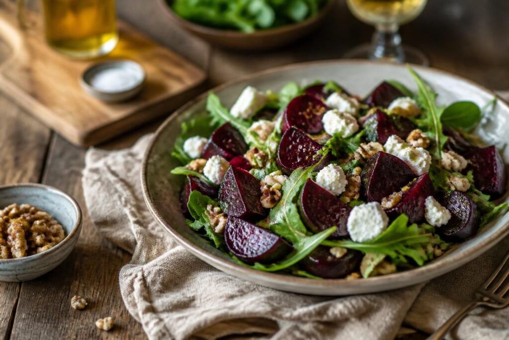 Salat mit Roter Bete, Feta-Würfeln, Apfelscheiben und Walnüssen in einer weißen Schüssel, angerichtet mit Honig-Senf-Dressing