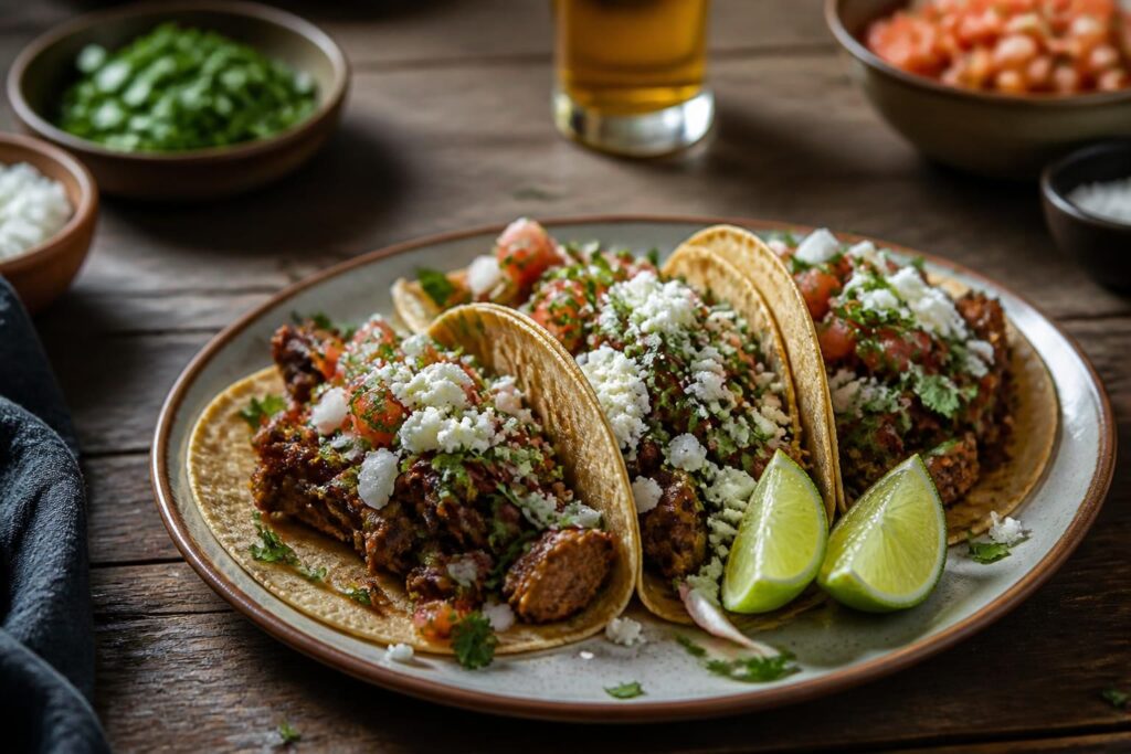 Tacos mit Hackfleisch, Cheddar, Tomaten, Avocado und Koriander auf einem Holzbrett angerichtet