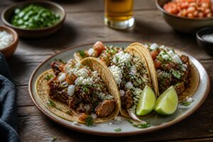 Tacos mit Hackfleisch, Cheddar, Tomaten, Avocado und Koriander auf einem Holzbrett angerichtet
