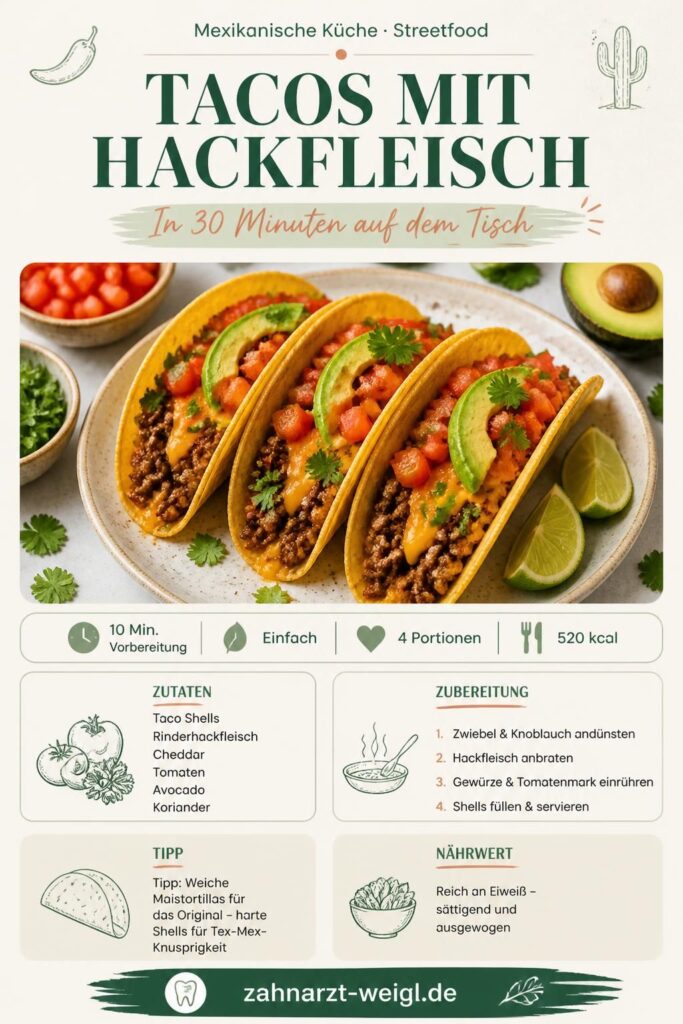 Tacos mit Hackfleisch, Cheddar, Avocado und Koriander – mexikanisches Rezept zum Merken