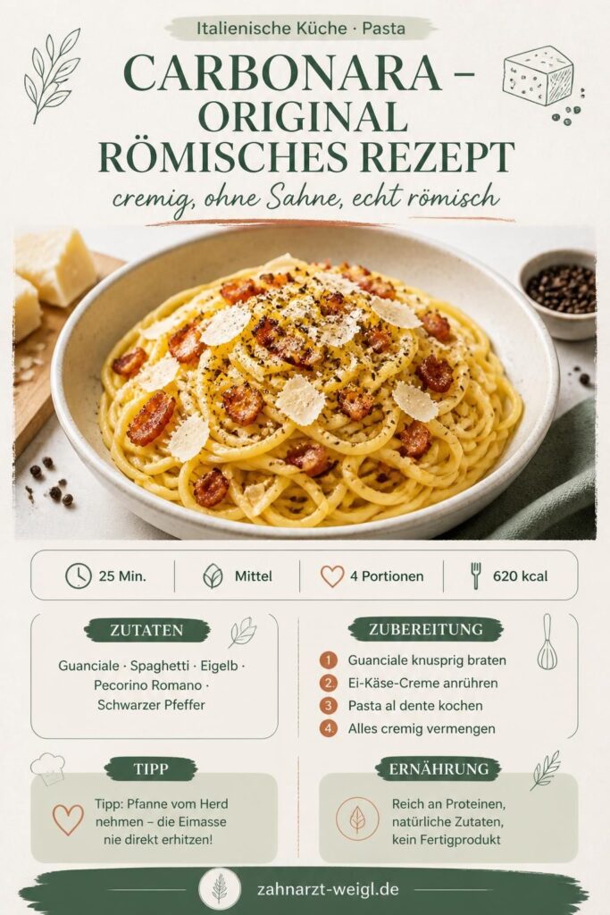 Pinterest-Bild: Spaghetti Carbonara original römisches Rezept ohne Sahne