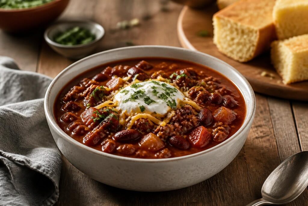 Chili con Carne in einer gusseisernen Pfanne – dampfend, tiefrot, mit Kidneybohnen, frischem Koriander und einem Klecks Sauerrahm
