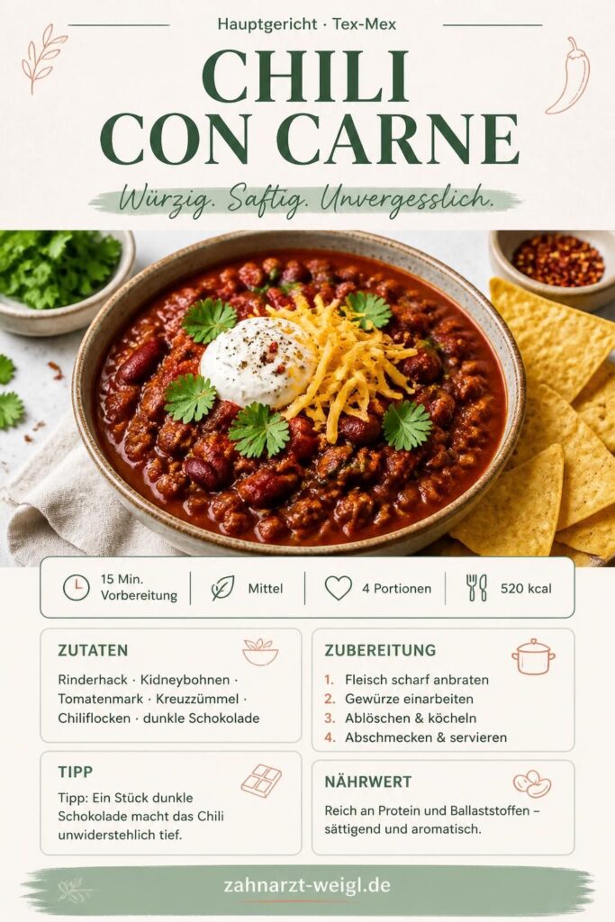 Chili con Carne in einer Schüssel mit Kidneybohnen, Sauerrahm, Koriander und Tortilla-Chips – Pinterest-Rezeptkarte