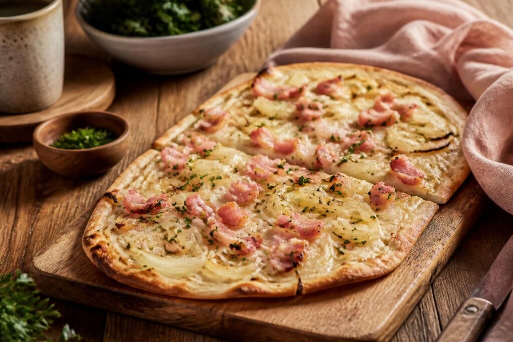 Klassischer Elsässer Flammkuchen auf einem Holzbrett, dünn ausgerollt mit Schmand, Zwiebeln und Speck, frisch aus dem Ofen