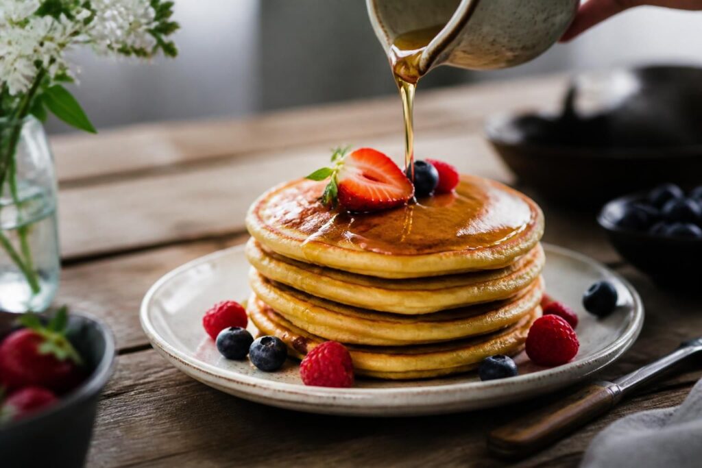 Fluffige amerikanische Pancakes gestapelt auf einem weißen Teller, mit Ahornsirup und frischen Beeren garniert, Draufsicht auf Holzuntergrund