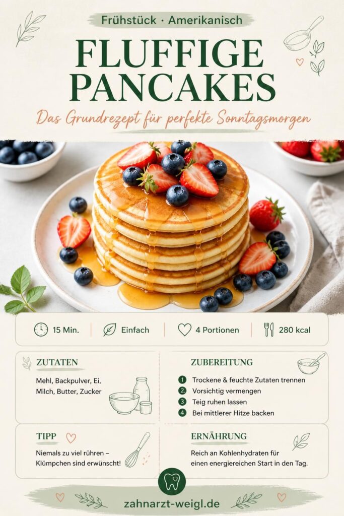 Fluffige Pancakes mit Ahornsirup und Beeren – Pinterest Rezeptkarte