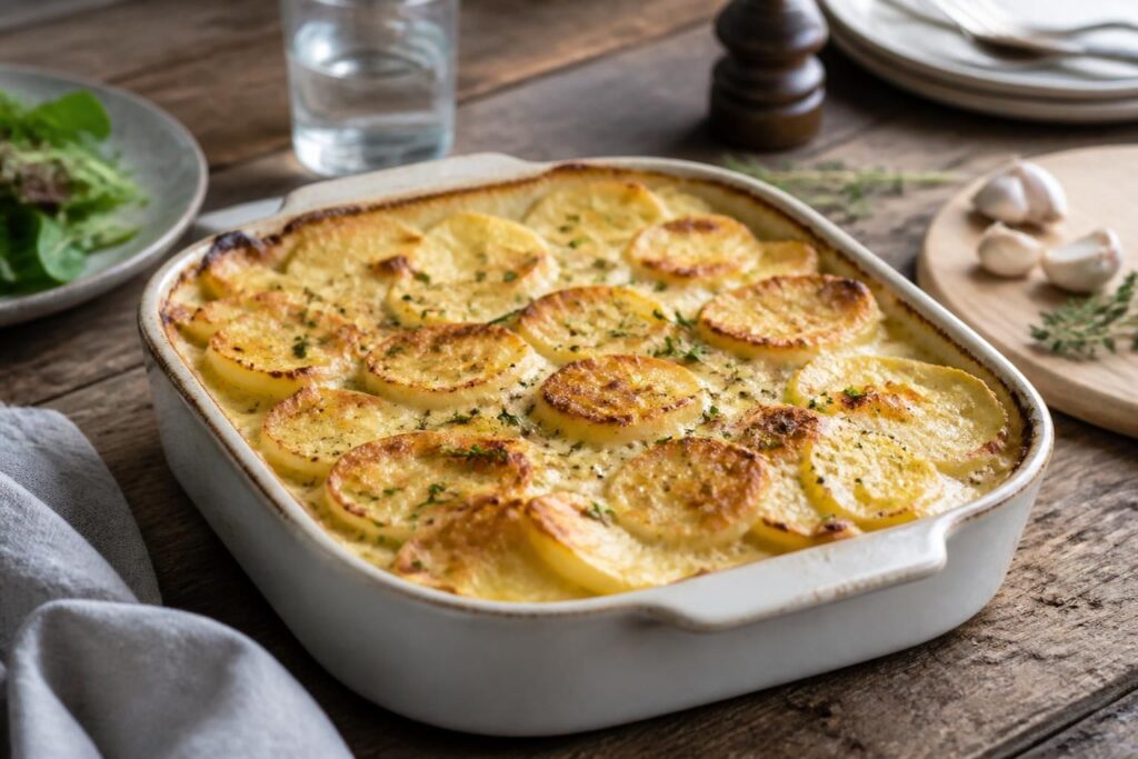 Kartoffelgratin frisch aus dem Ofen – goldbraune Käsekruste, cremige Schichten und festkochende Kartoffeln in einer Auflaufform