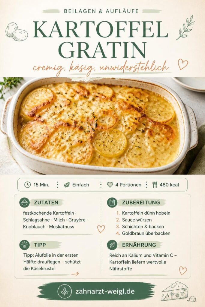 Kartoffelgratin mit goldbrauner Käsekruste in einer Auflaufform – Pinterest-Rezeptkarte