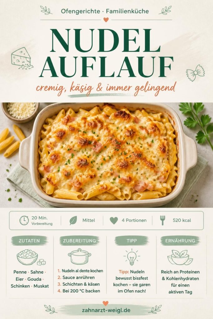 Goldbrauner Nudelauflauf mit Käsekruste in der Auflaufform – Pinterest Rezeptkarte