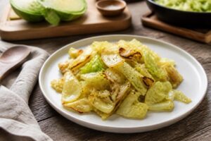 Spitzkohl-Rezept in der Pfanne mit Zwiebeln, Knoblauch und frischen Kräutern, serviert auf einem weißen Teller