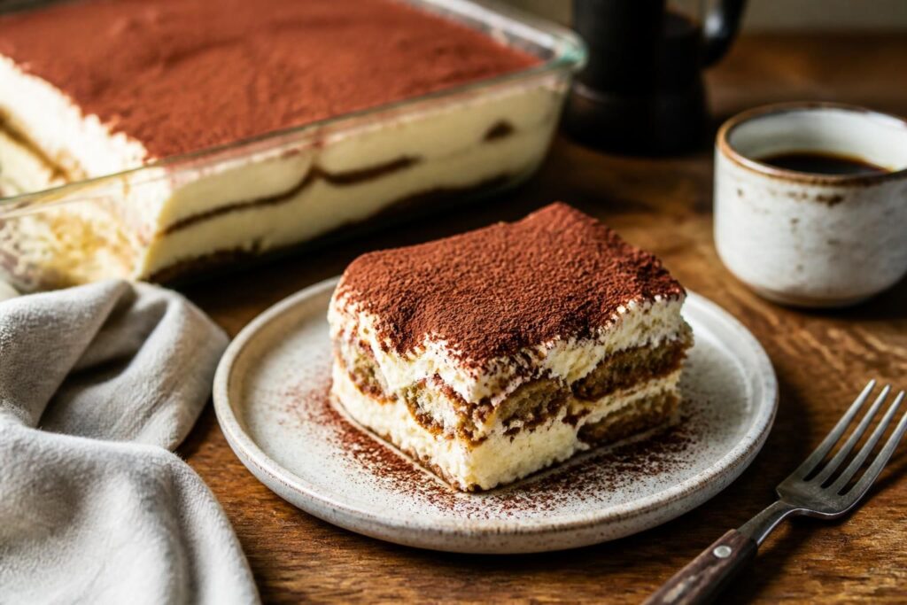 Klassisches Tiramisu in einer Auflaufform, mit Kakaopulver bestäubt und in Portionen geschnitten, von oben fotografiert auf hellem Holzuntergrund