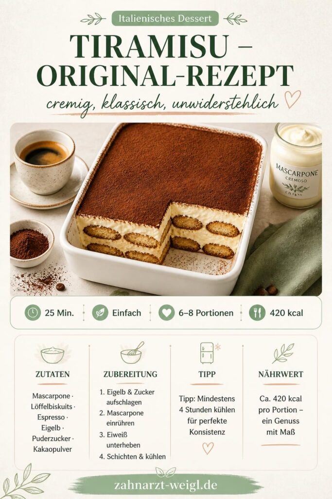 Klassisches Tiramisu-Rezept – cremige Mascarpone-Creme mit Löffelbiskuits und Kakaopulver, Pinterest-Pin
